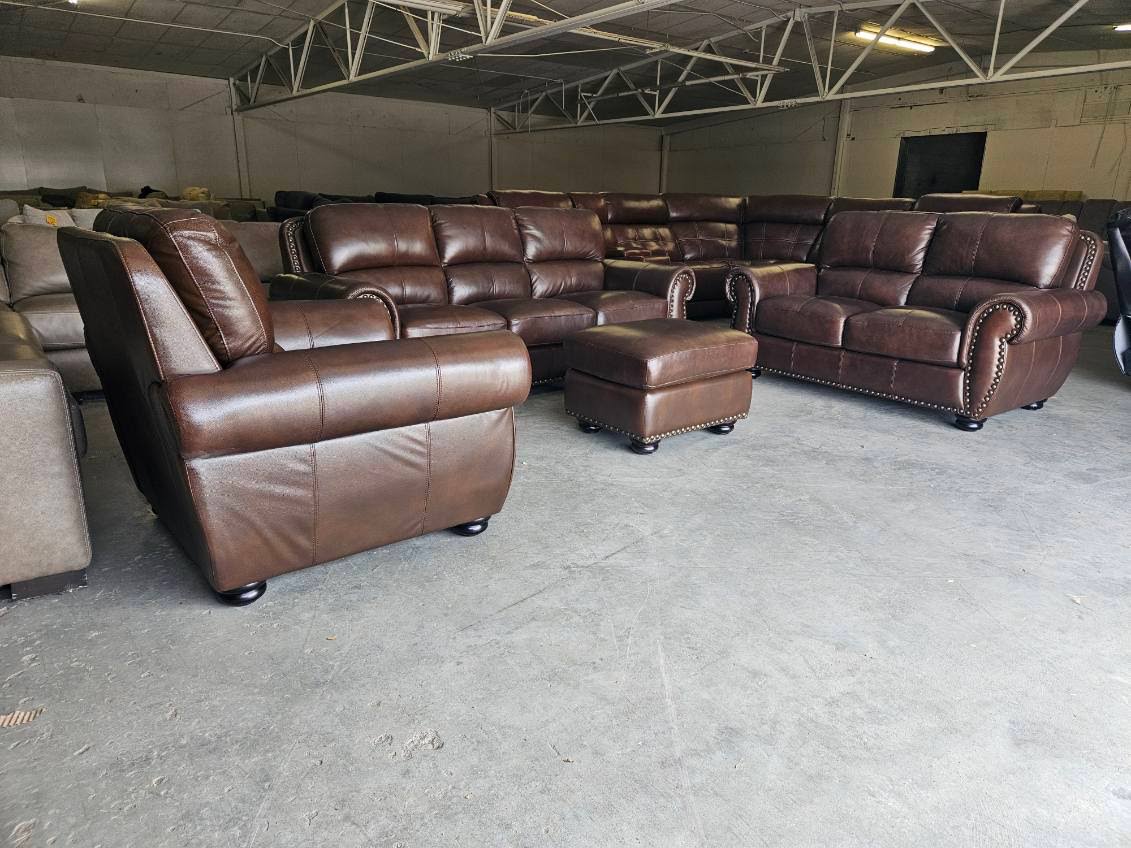 Brown Leather Living Room Set with Couch, Loveseat, Chair + Ottoman