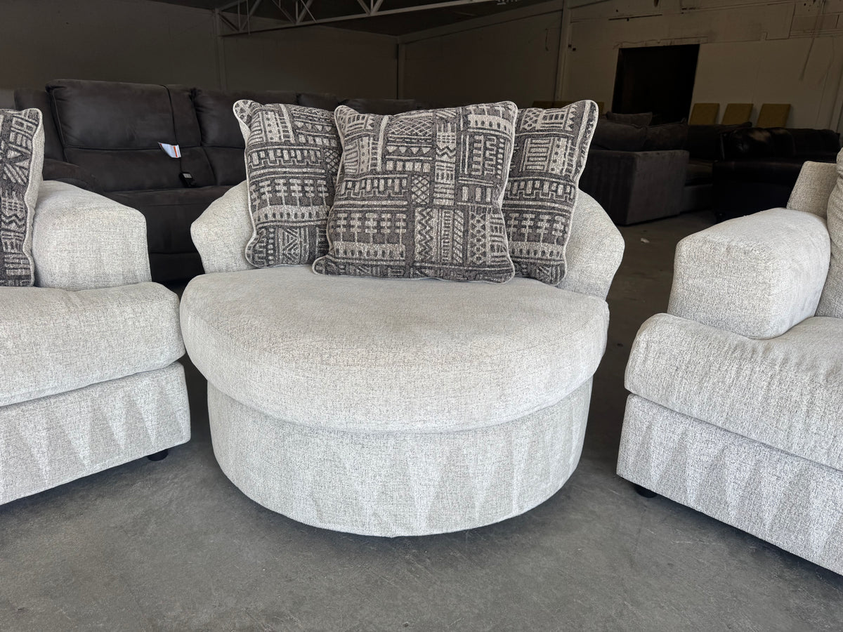 Living Room Set – Plush Beige Sleeper Sofa, Loveseat & Barrel Chair