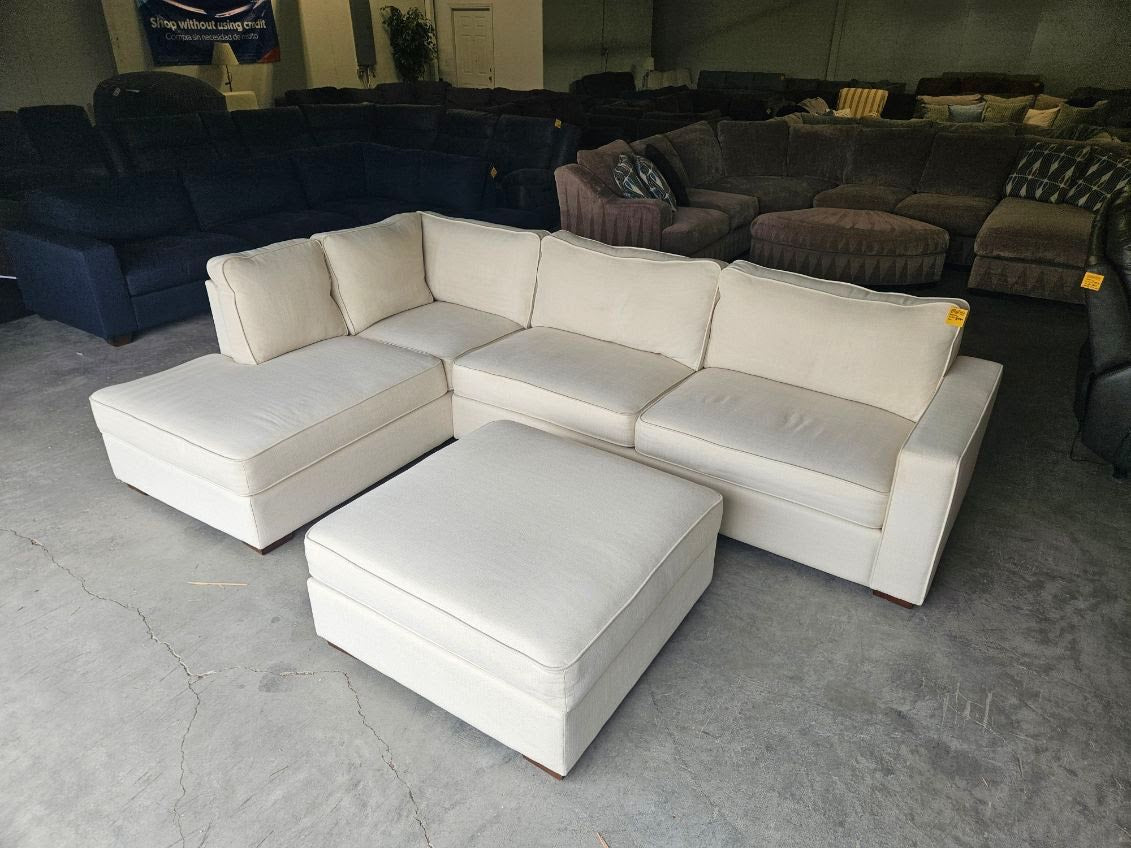 Beige Linen L-Shaped Sofa with Storage Ottoman