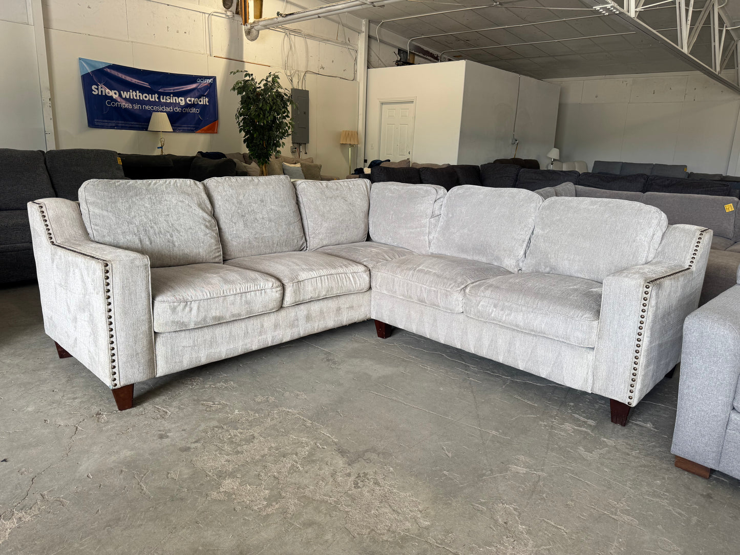 Gray & Beige L-Shaped Sectional with Nailhead Trim