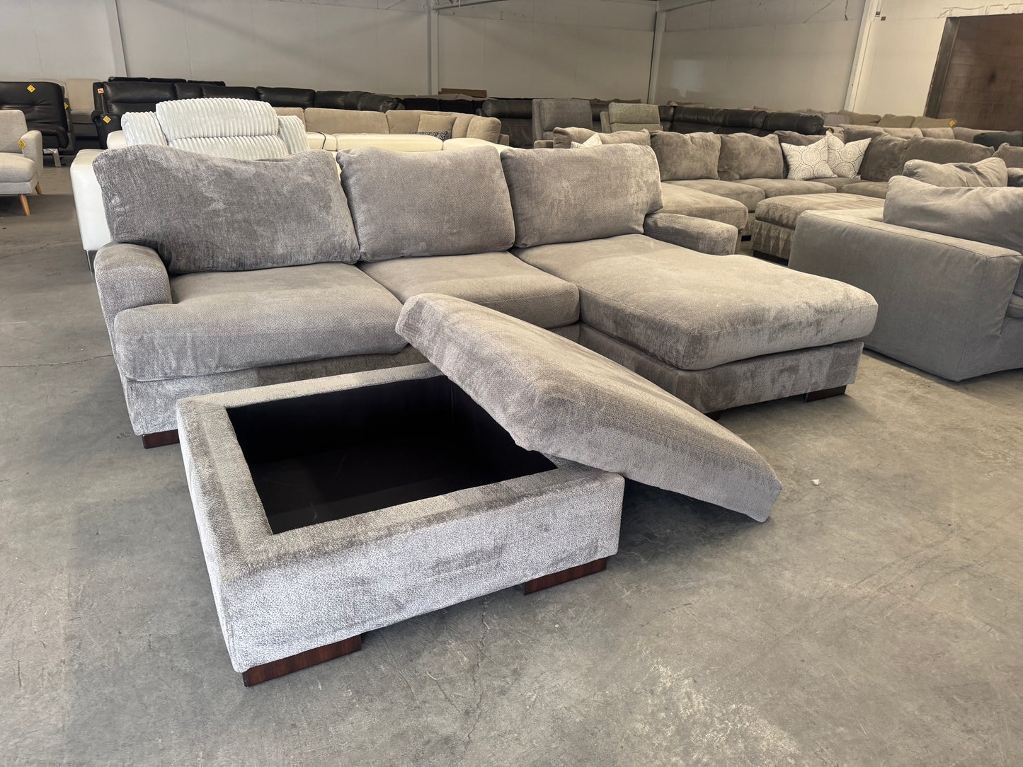 Plush Gray L-Shape Sectional with Storage Ottoman