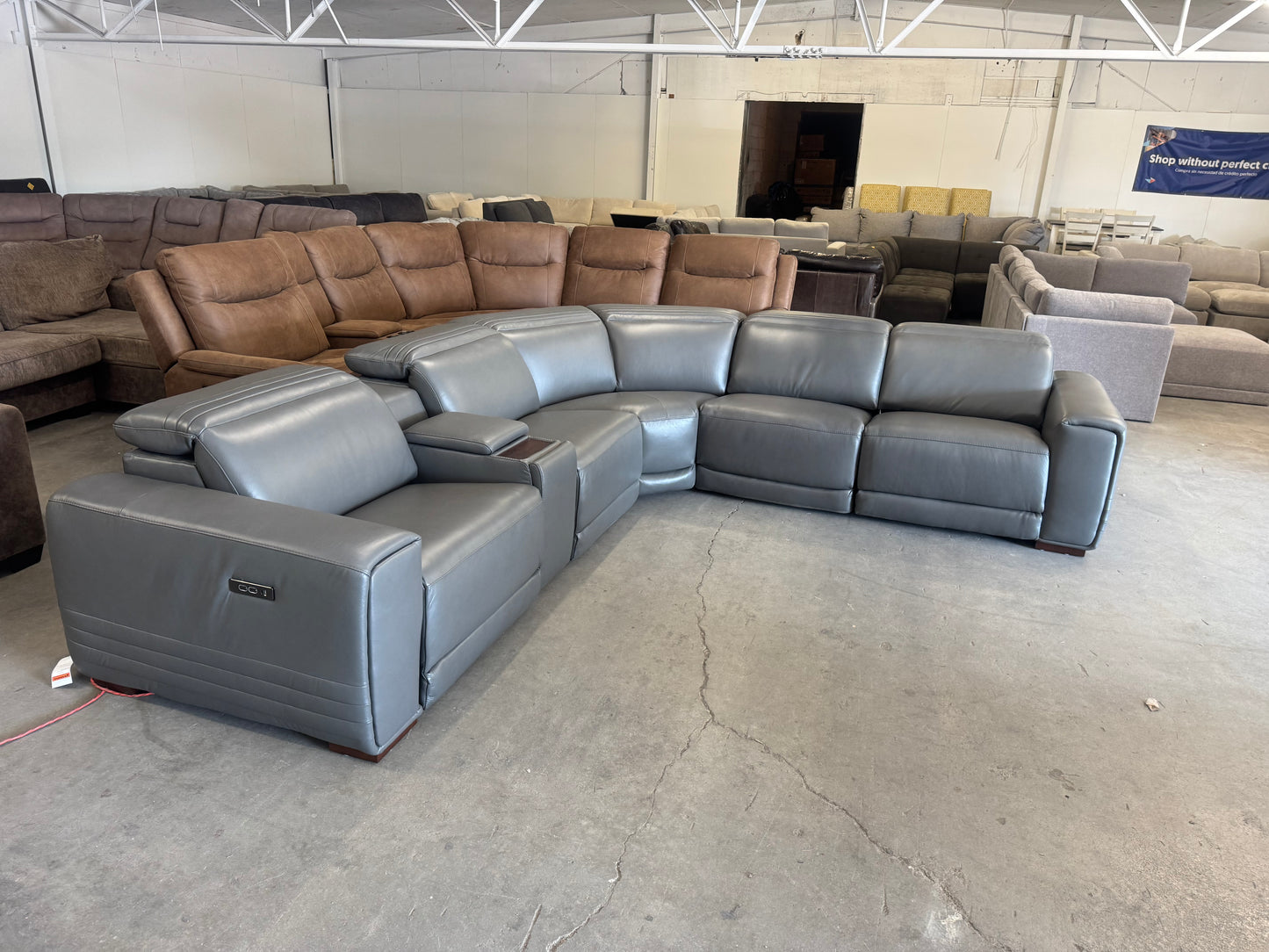 Brand New Aiden & Ivy Karson Gray Leather Power Reclining Sectional