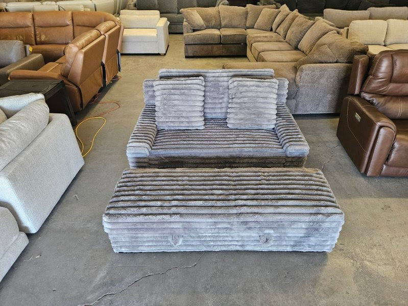 Gray Plush Corduroy Lounger with Storage Ottoman