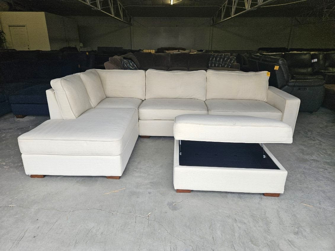 Beige Linen L-Shaped Sofa with Storage Ottoman
