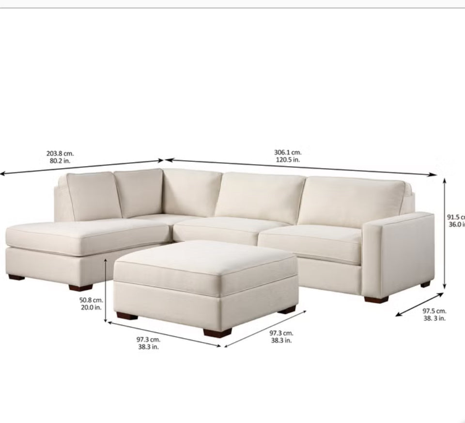 Beige Linen L-Shaped Sofa with Storage Ottoman
