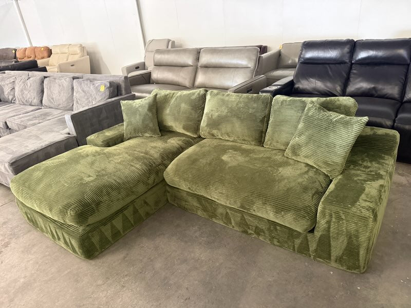 Green Plush Corduroy Boneless L-Shaped Sectional