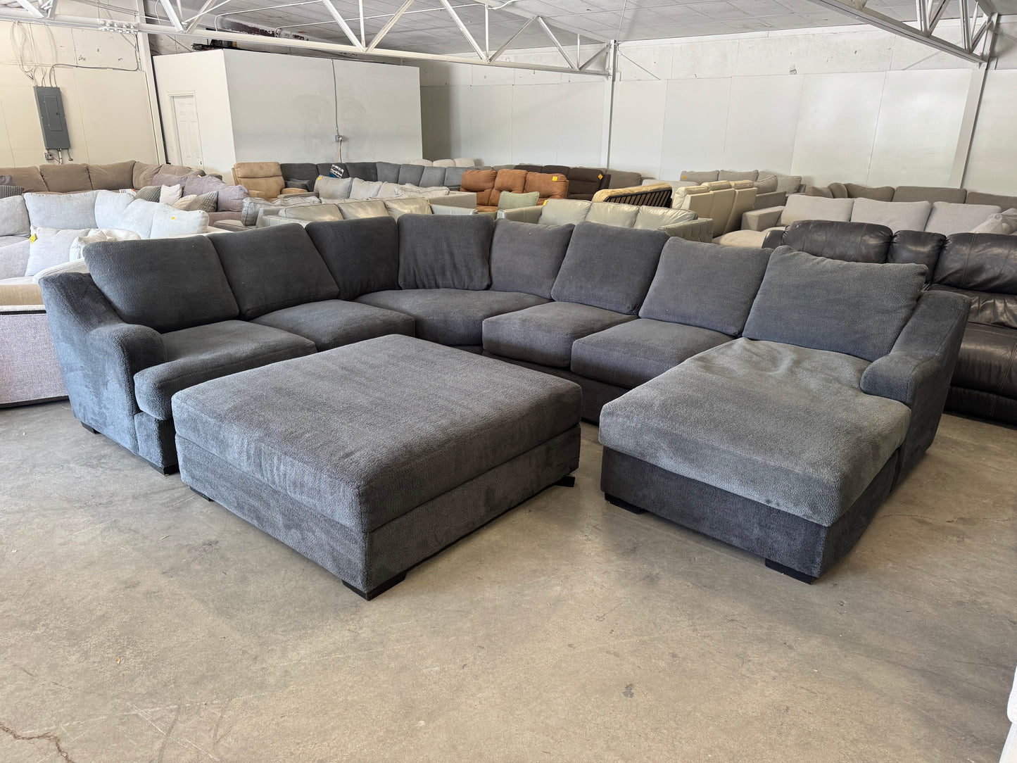 Oversized Charcoal Gray Plush Sectional with Ottoman