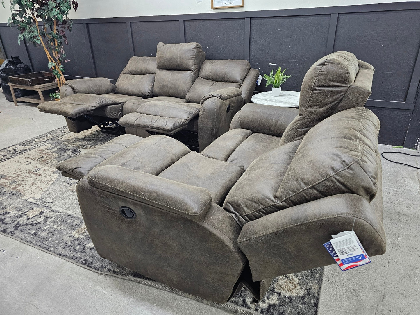 Like-new Brown Microfiber Couch and Loveseat Reclining Set (still has tags - made in USA)