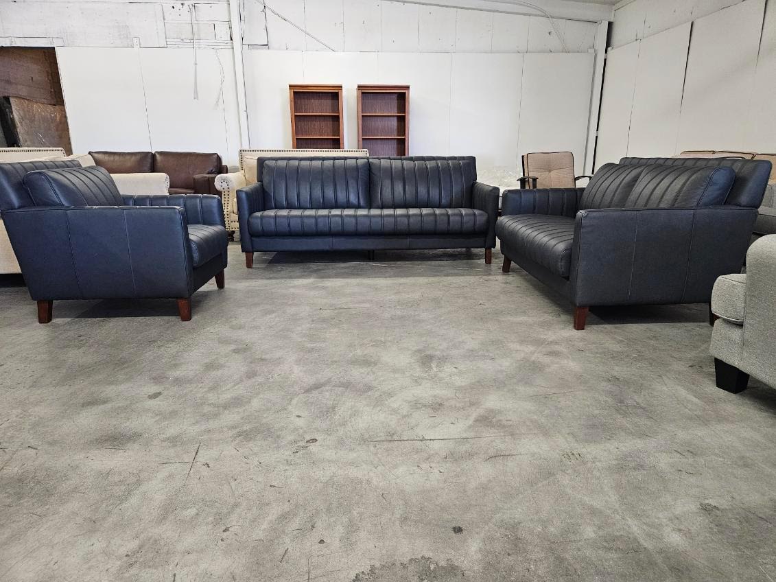 Blue Leather Sofa, Loveseat & Armchair Set