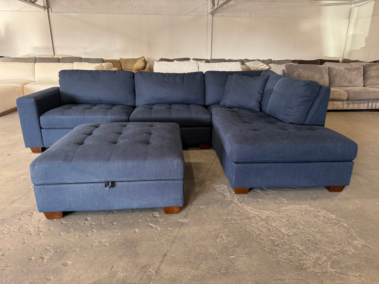 Blue L Shape Sectional with Storage Ottoman
