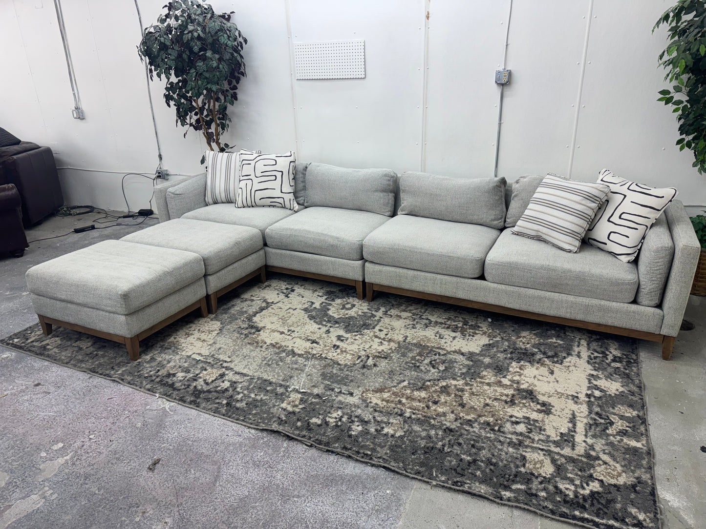 Huge Light Gray Mid-Century Modern Sofa w/ Two Ottomans