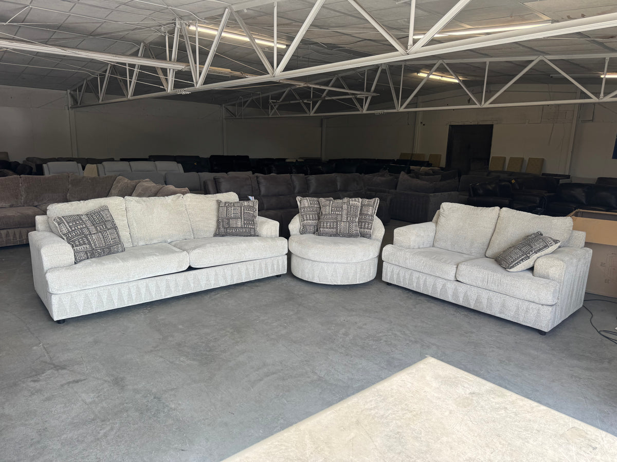 Living Room Set – Plush Beige Sleeper Sofa, Loveseat & Barrel Chair