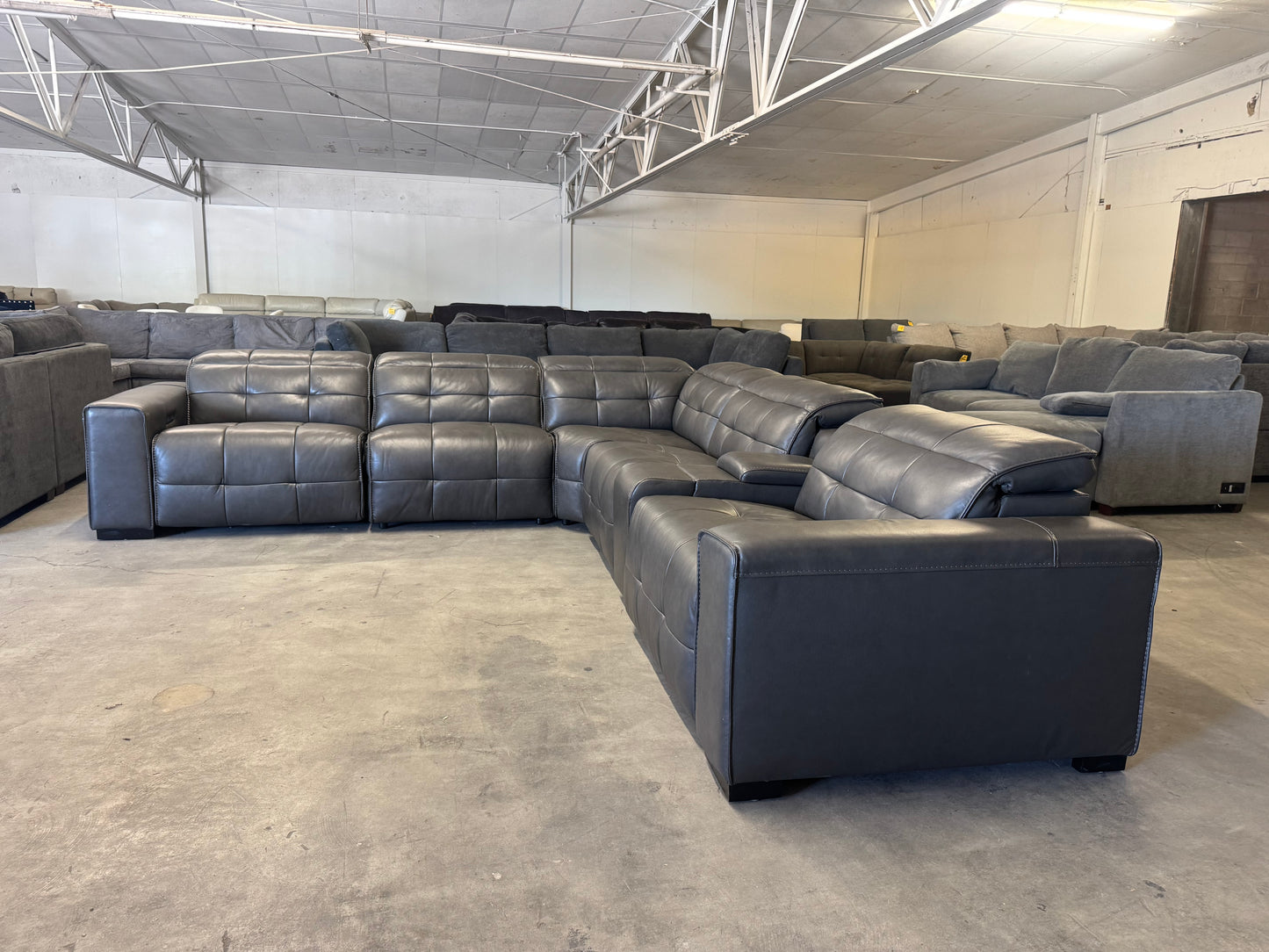 Charcoal Gray Leather 6-Piece Modular Sectional with 3 Power Recliners & Adjustable Headrests