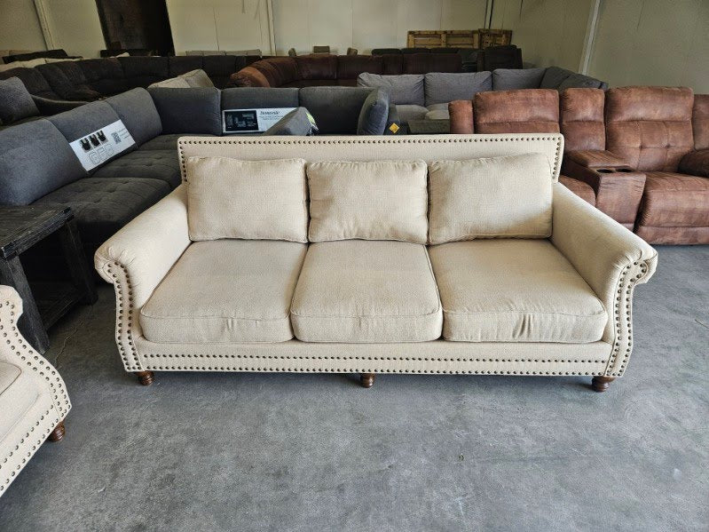 Couch and Loveseat Set - Beige Sofa and Loveseat with Ornate Trim