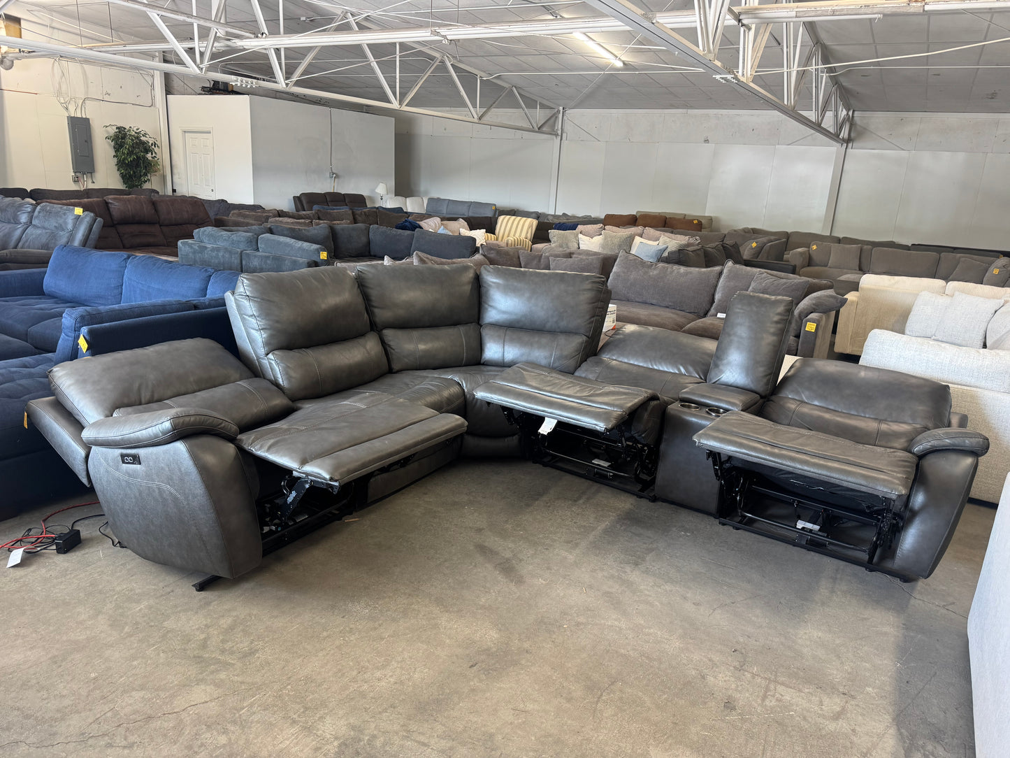 Charcoal Gray Leather 6-Piece Modular Sectional w/ 3 Power Recliners