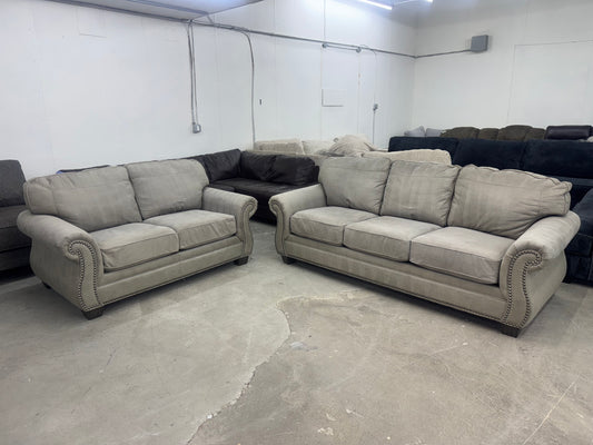 Couch + Loveseat - Beige Sofa Set w/ Ornate Nailhead Trim