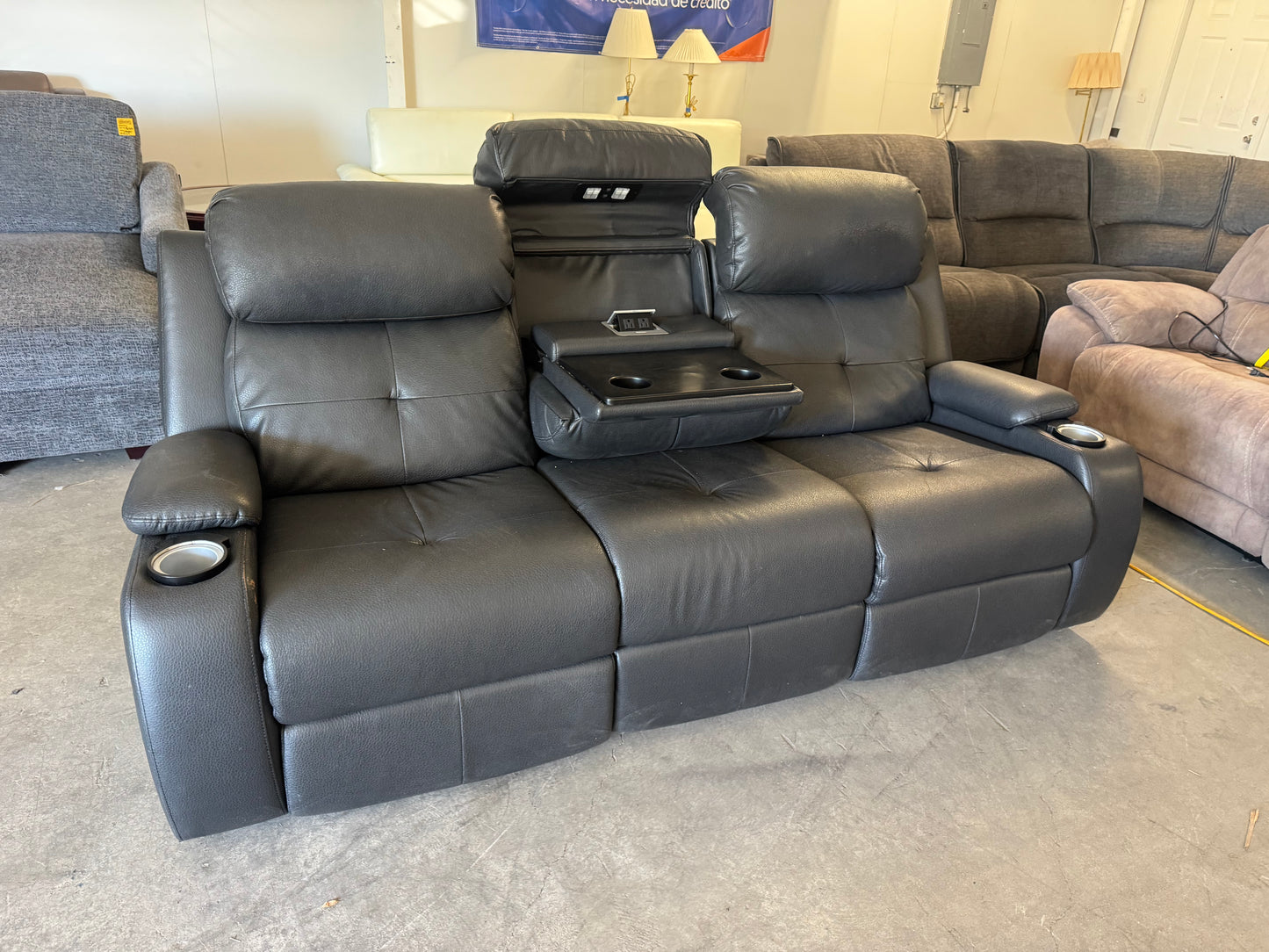 Gray Faux Leather Power Reclining Sofa with Drop-Down Console