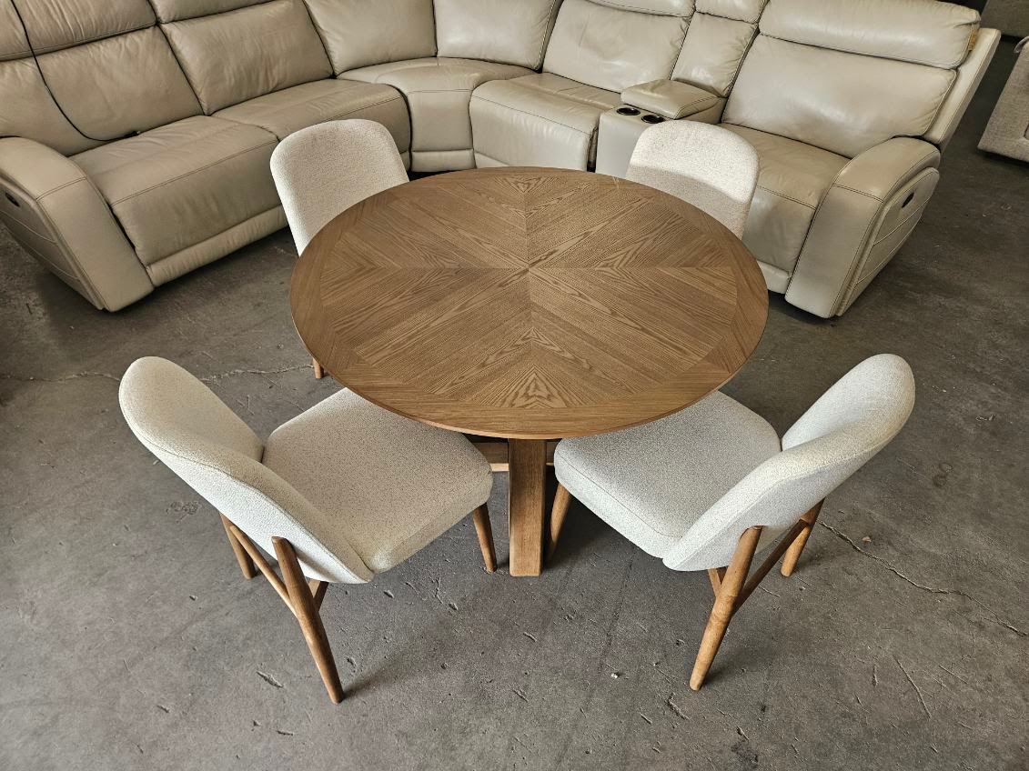 Dining Table Set – 48” Round Wood Table with 4 Upholstered Chairs