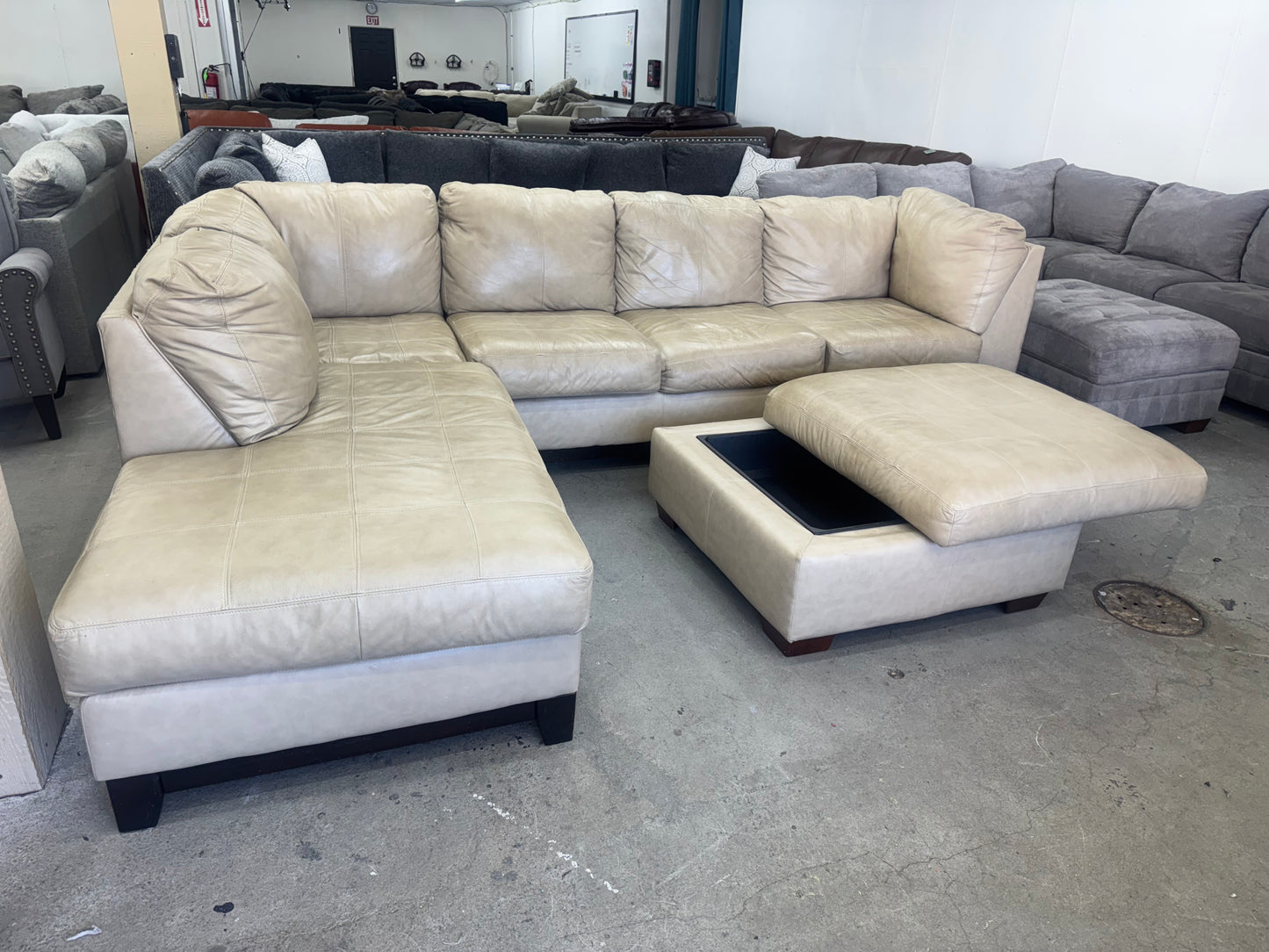 Beige Leather L Shape Sectional w/ Storage Ottoman