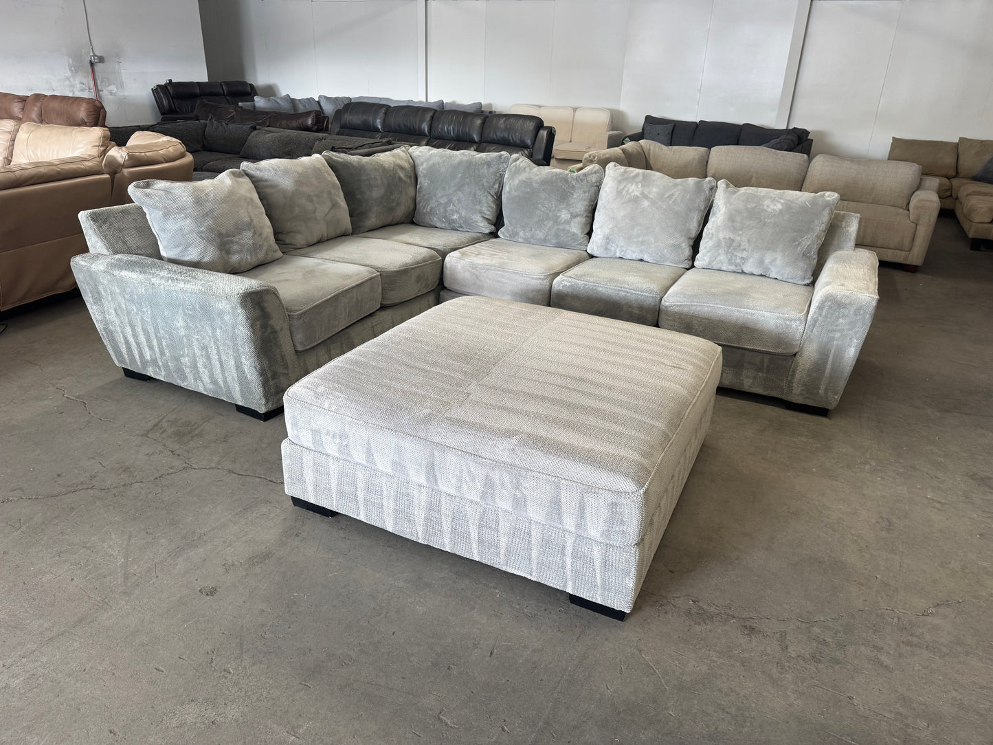 Huge Plush Light Gray L Shape Sectional Sofa with Oversized Ottoman