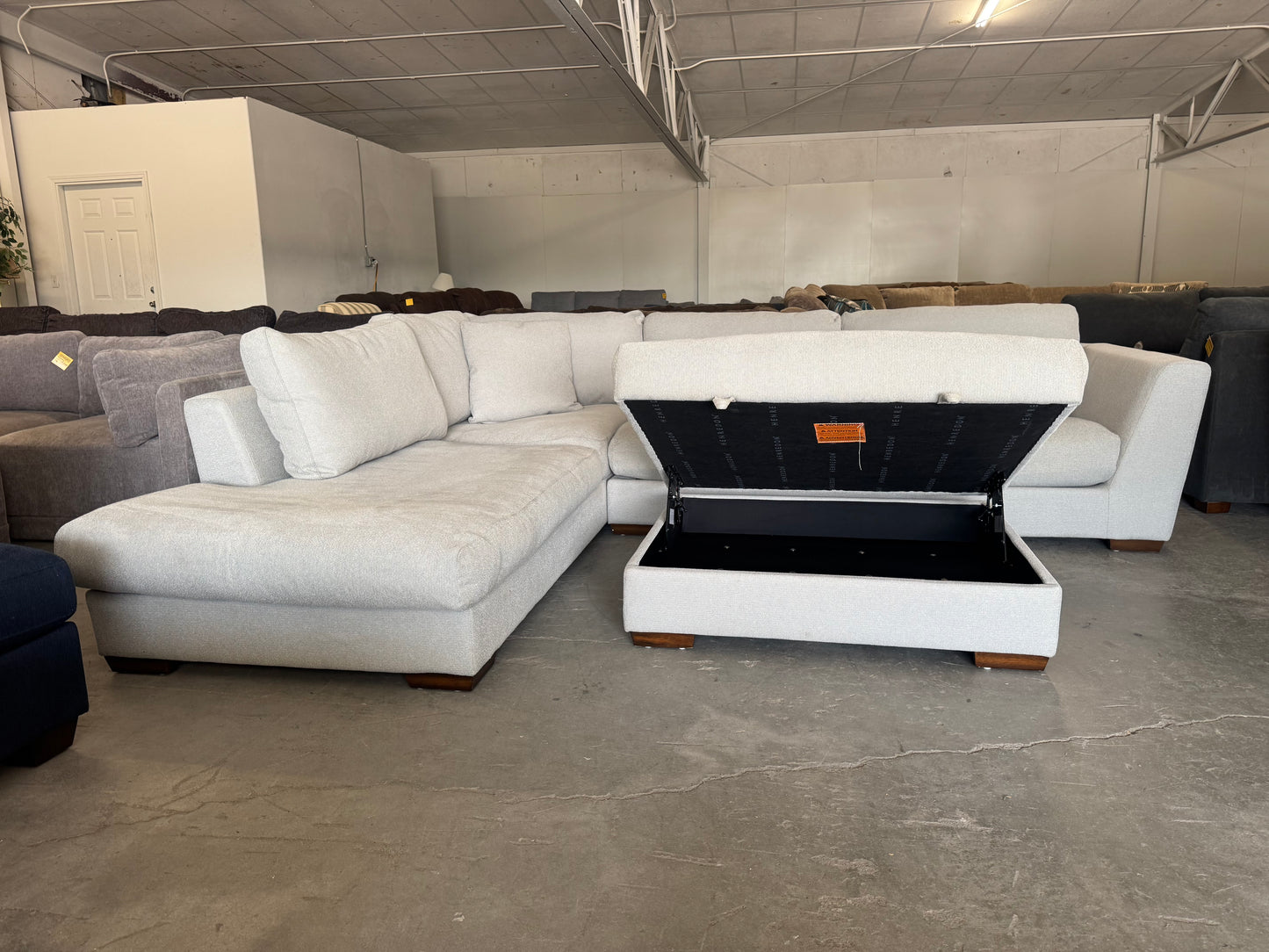 Gray/Beige Down-Filled Sectional Sofa with Oversized Chaise & Storage Ottoman
