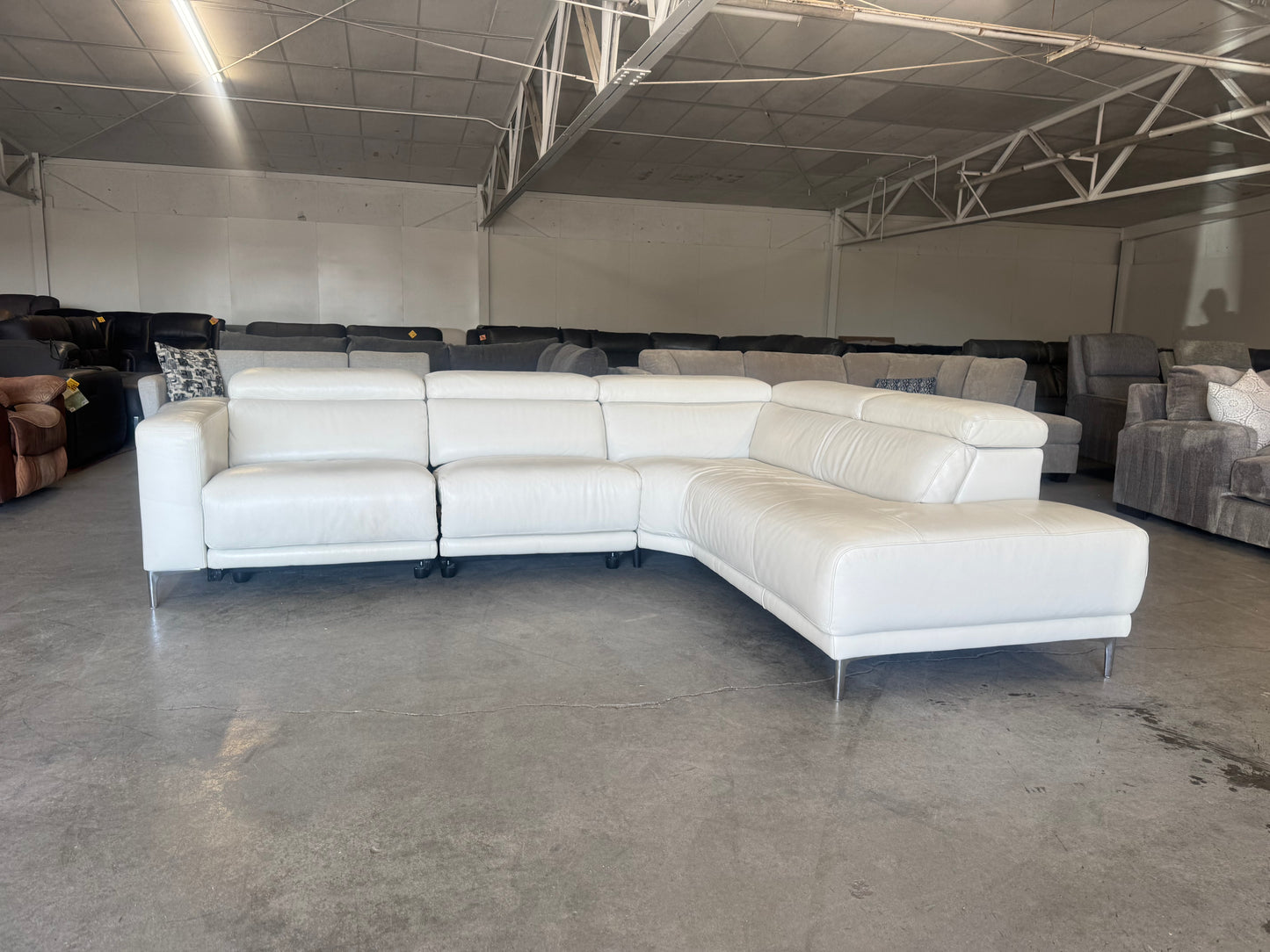 White Leather Power Reclining Sectional with Chaise
