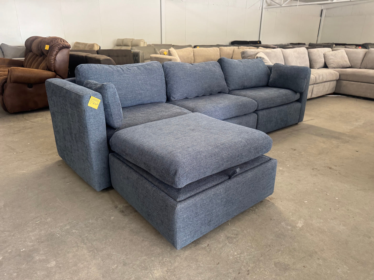 Denim Blue Modular Sofa with Storage Ottoman