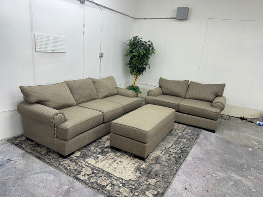 Brown Sofa & Loveseat w/ Ornate Trim