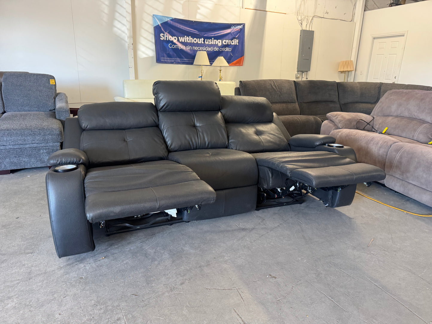 Gray Faux Leather Power Reclining Sofa with Drop-Down Console