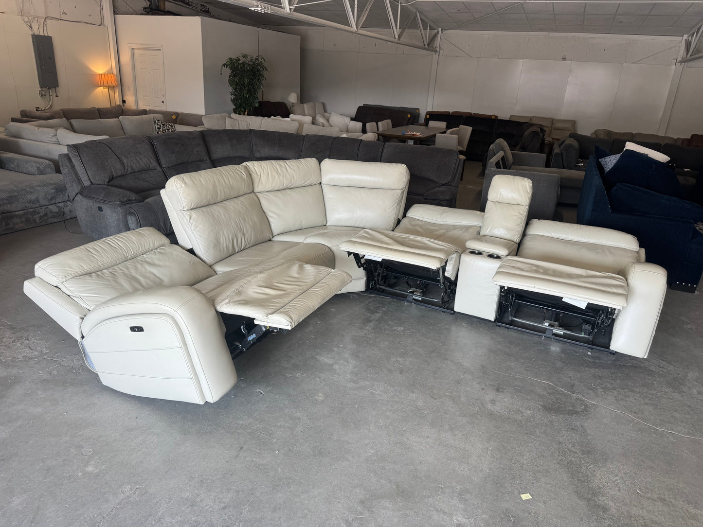Cream Leather 6-Piece Modular Sectional with 3 Power Recliners