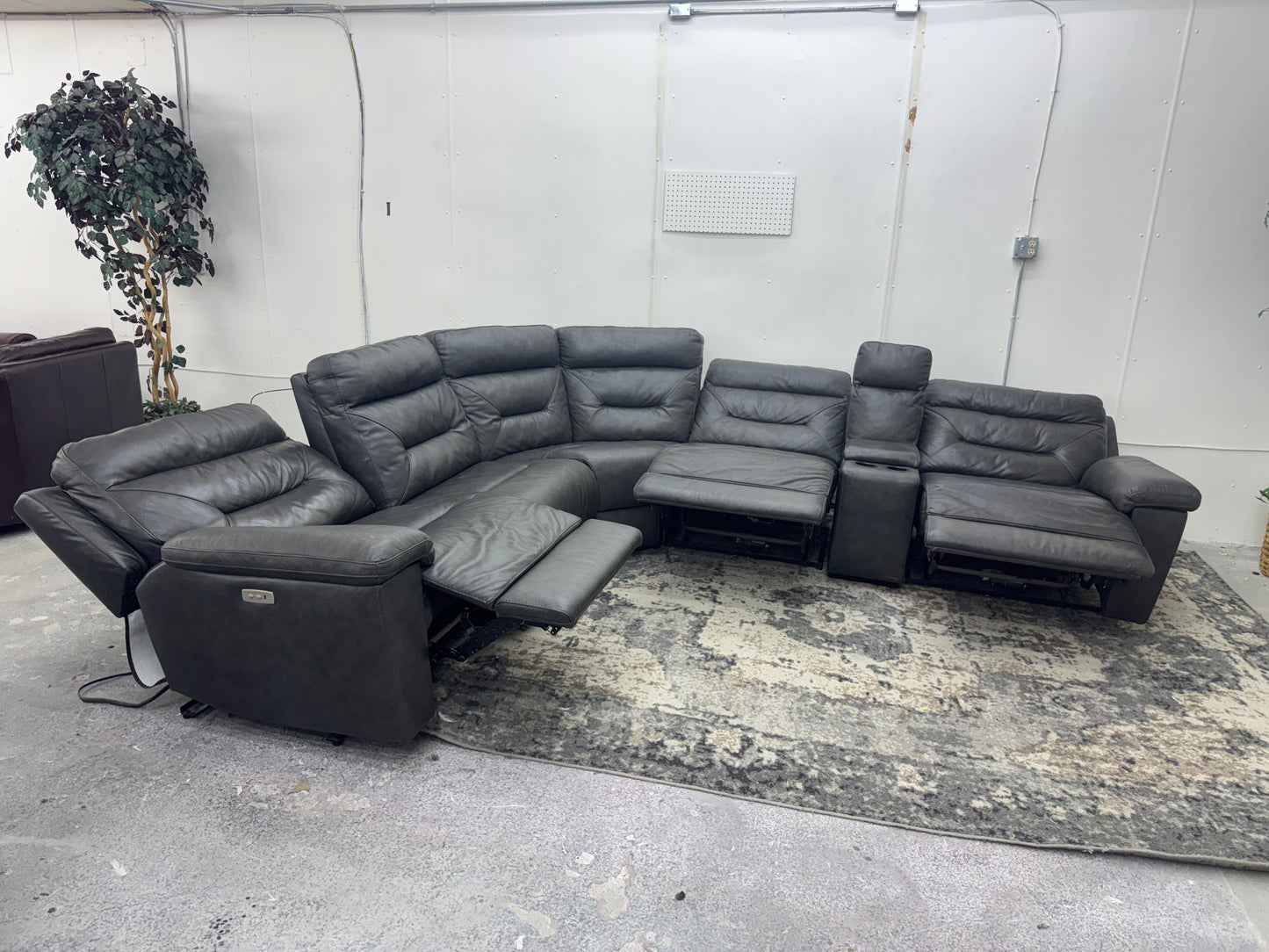 Charcoal Gray 6-Piece Modular Leather Sofa with 3 Electric Recliners