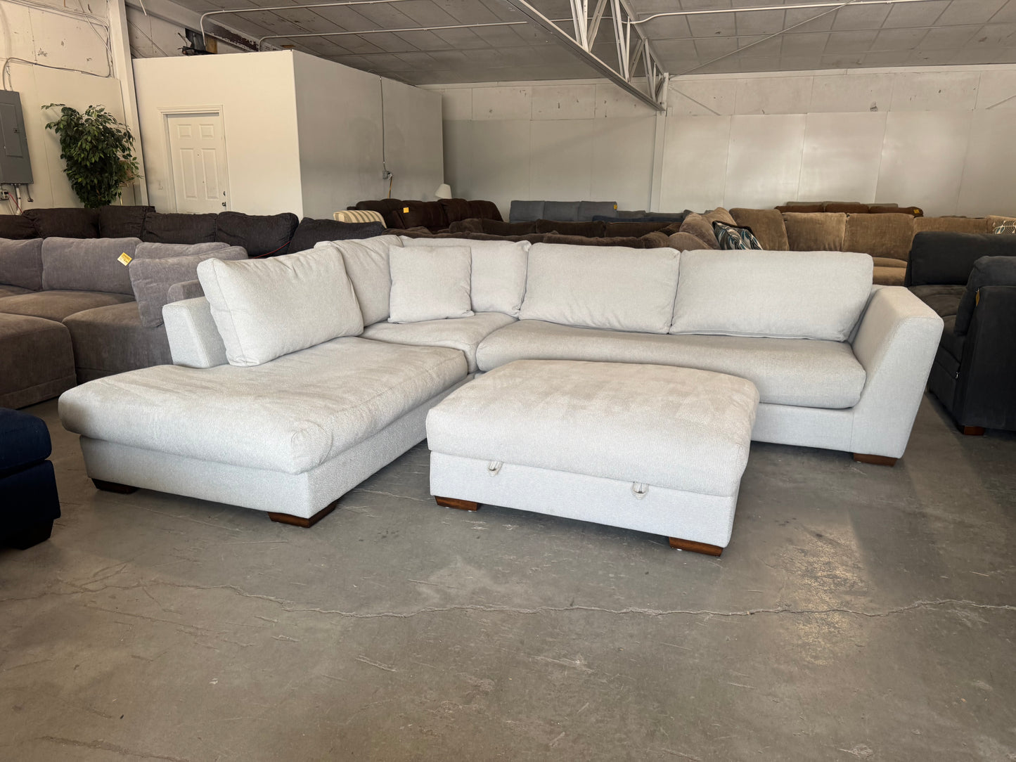 Gray/Beige Down-Filled Sectional Sofa with Oversized Chaise & Storage Ottoman