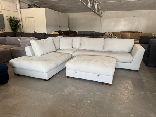 Gray/Beige Down-Filled Sectional Sofa with Oversized Chaise & Storage Ottoman