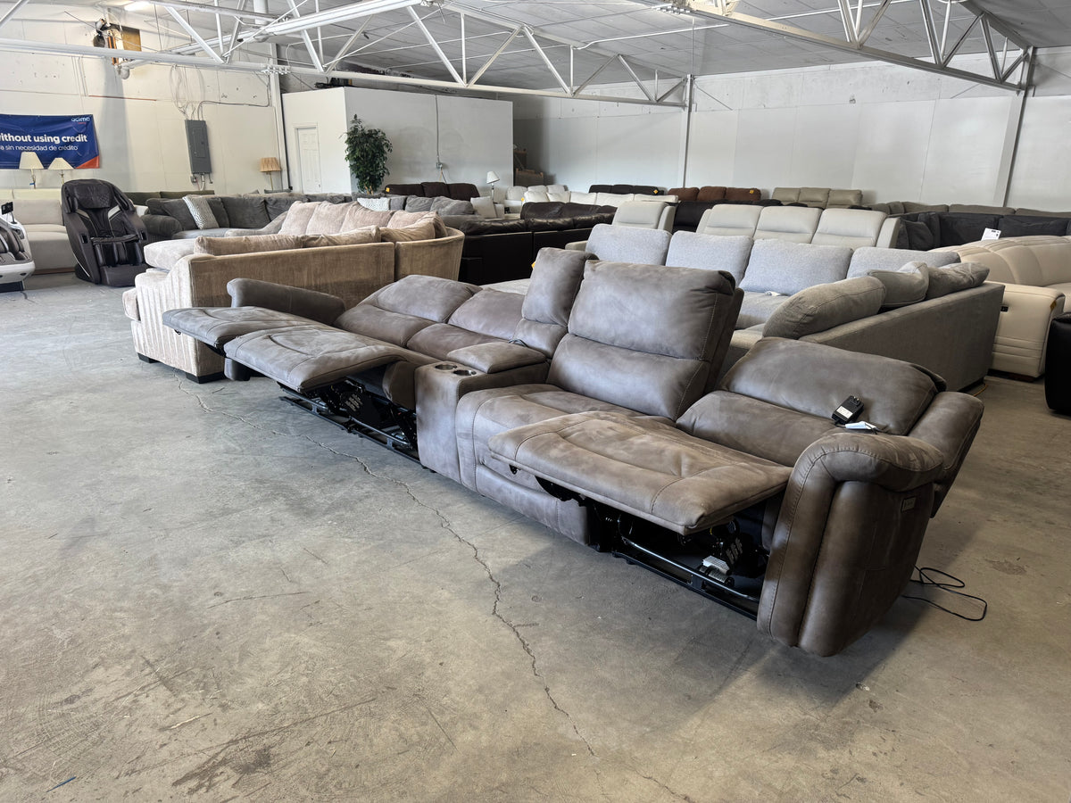 Modular Brown/Gray Power Reclining Theater Sofa w/ Adjustable Headrest