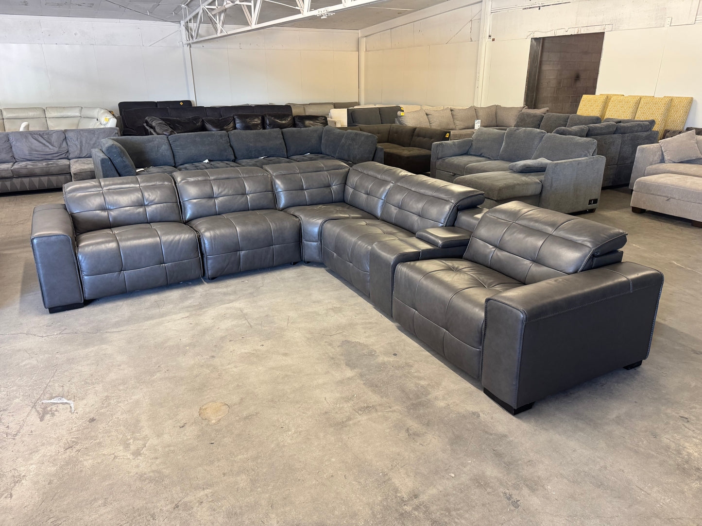 Charcoal Gray Leather 6-Piece Modular Sectional with 3 Power Recliners & Adjustable Headrests