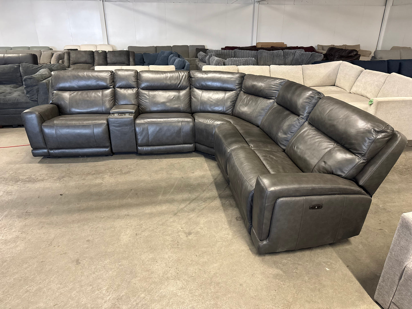 Dark Gray Leather 6-Piece Power Reclining Sectional w/ Power Headrests