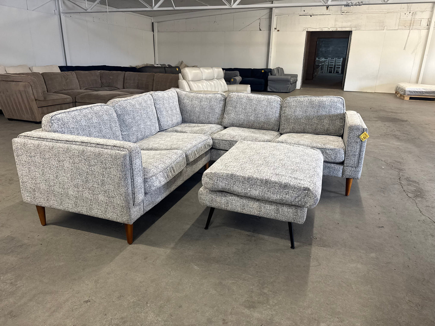 Gray Mid Century Modern Albany Park L Shape Sectional with Ottoman