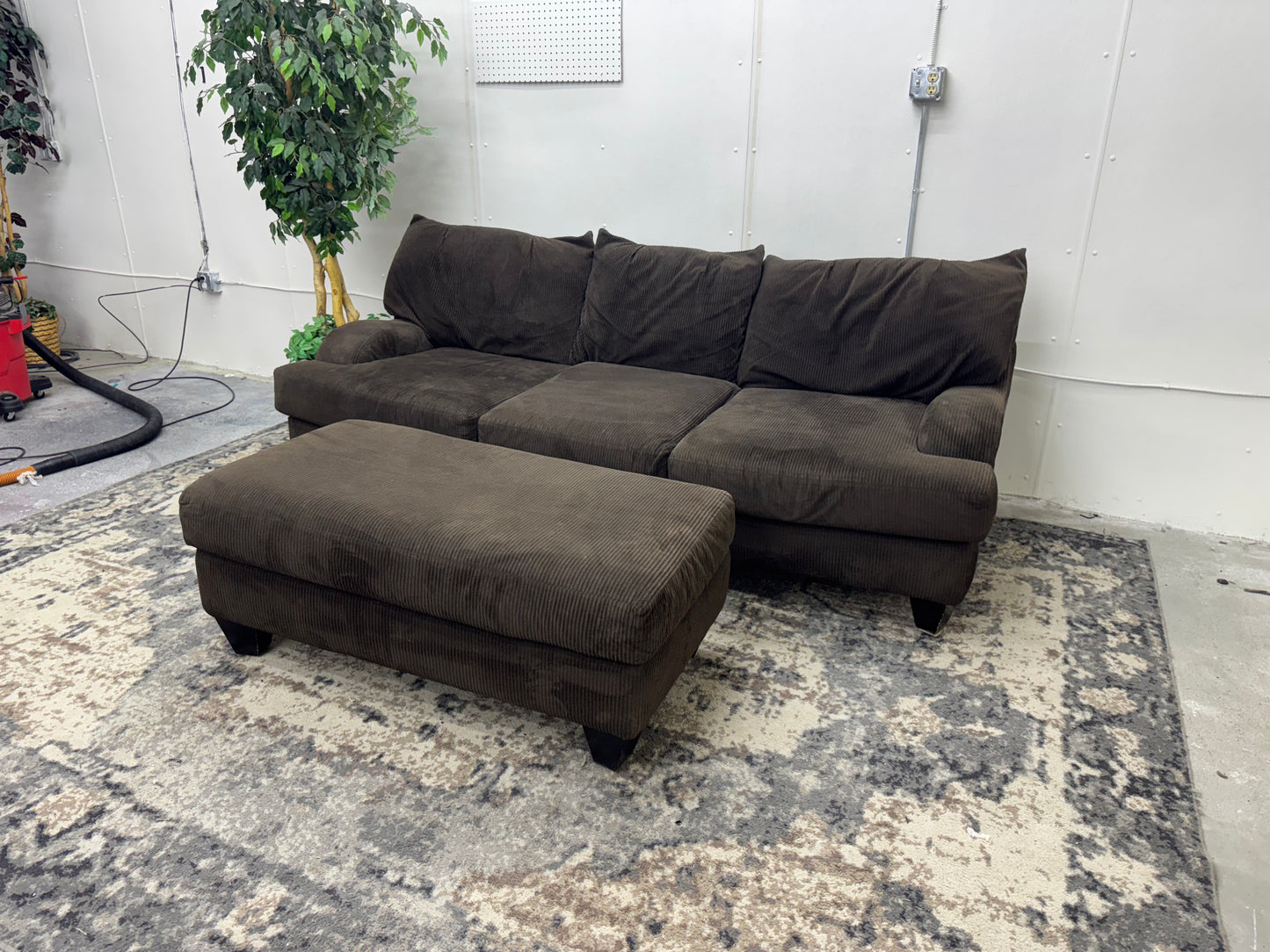 Brown Corduroy Sofa with Ottoman