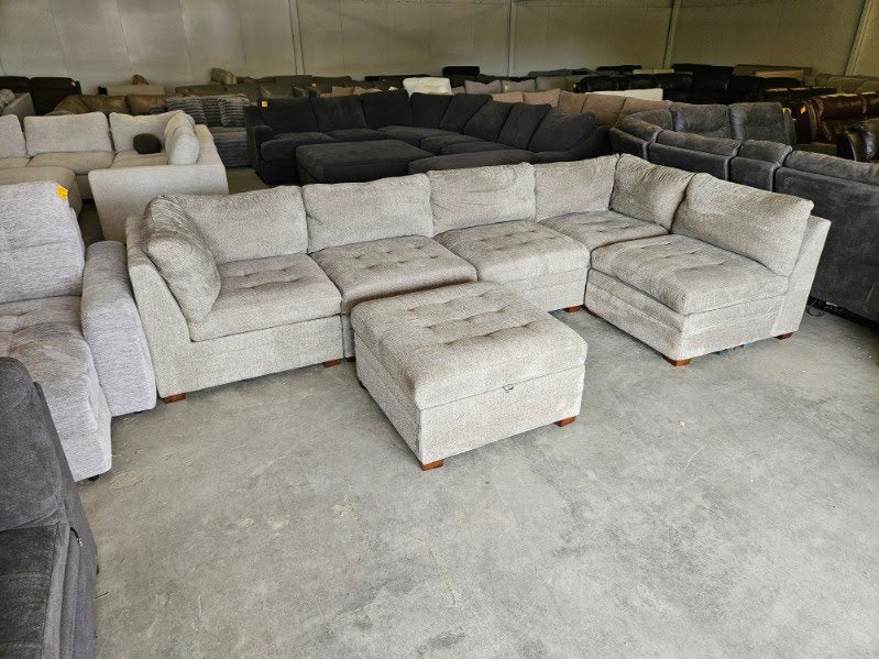 Gray Modular Sectional with Power Recliners & Storage Ottoman