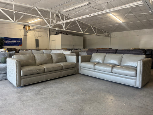 Gray Leather Couch Set with Ornate Nailhead Trim