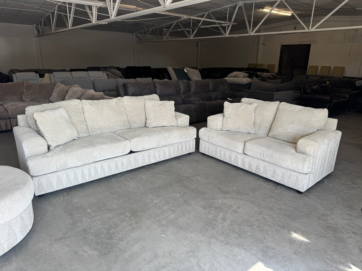 Living Room Set – Plush Beige Sleeper Sofa, Loveseat & Barrel Chair