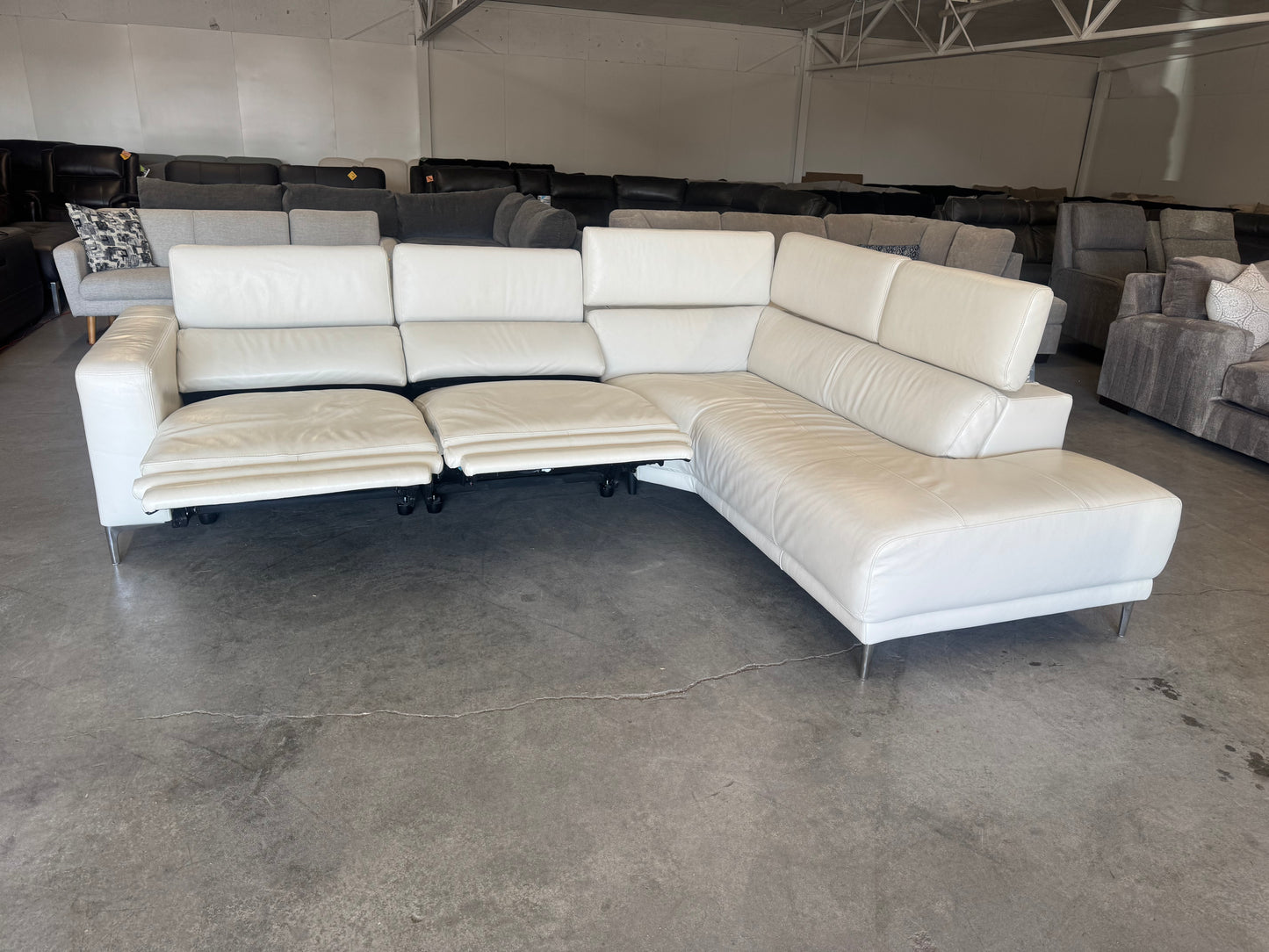 White Leather Power Reclining Sectional with Chaise