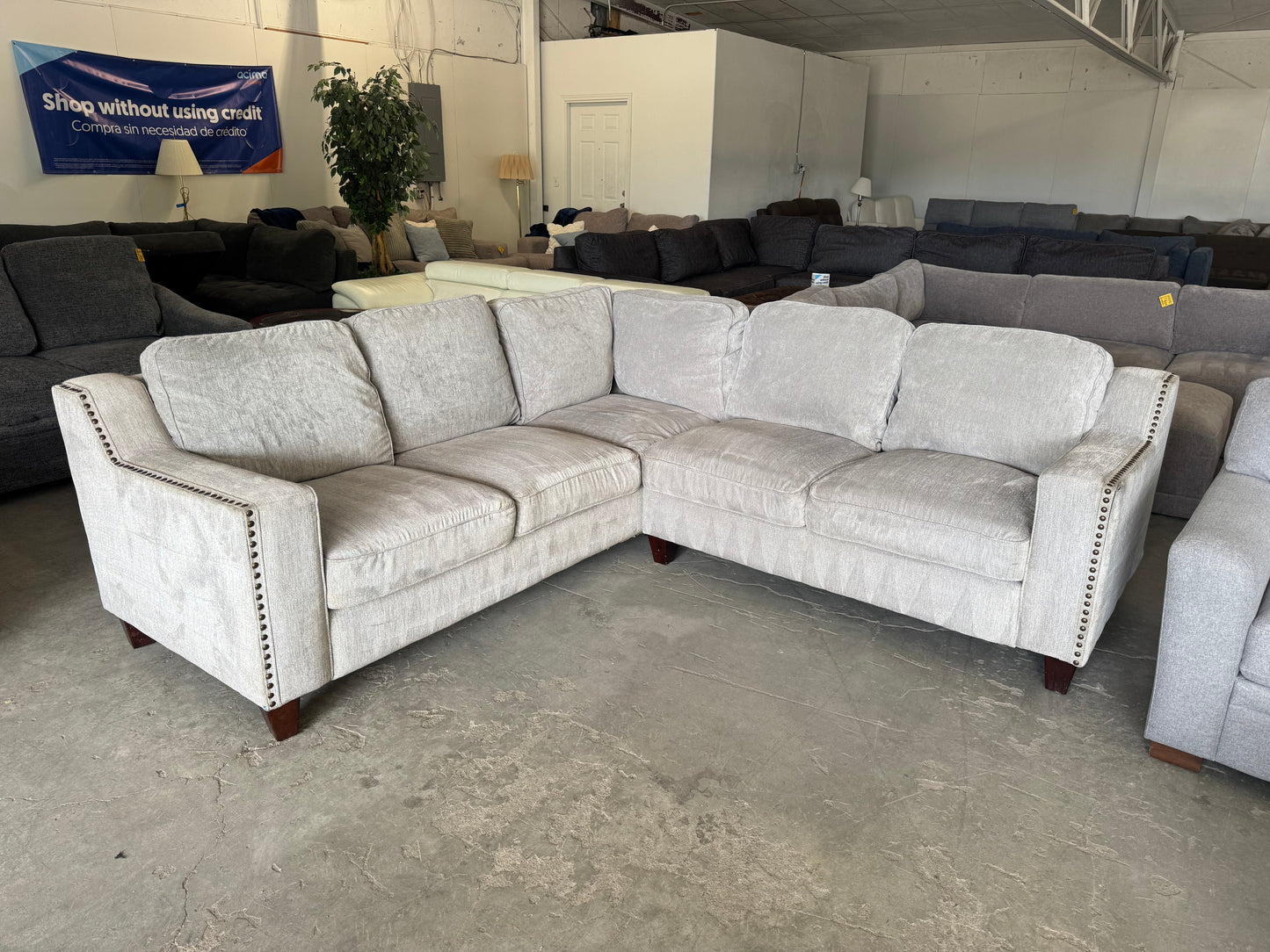 Gray & Beige L-Shaped Sectional with Nailhead Trim