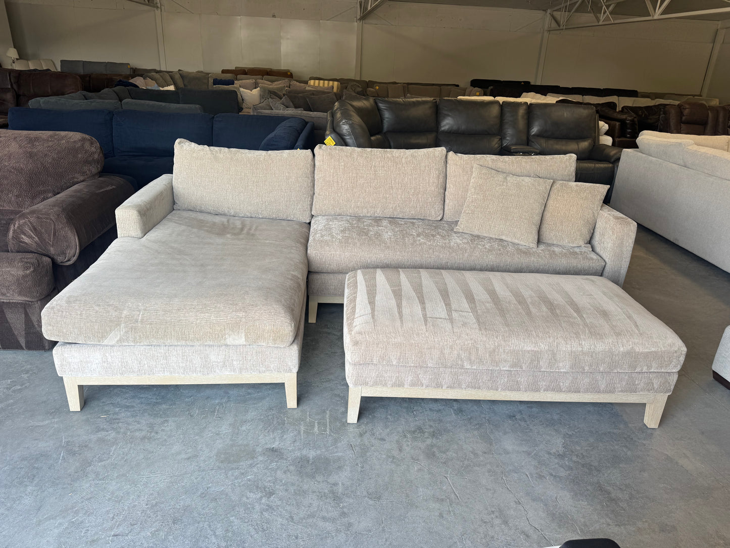 Down-Filled Mid-Century Modern Taupe Fabric L-Shape Sectional with Ottoman