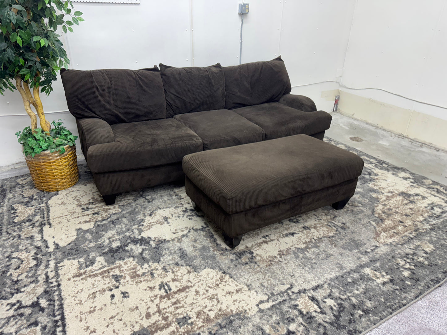 Brown Corduroy Sofa with Ottoman