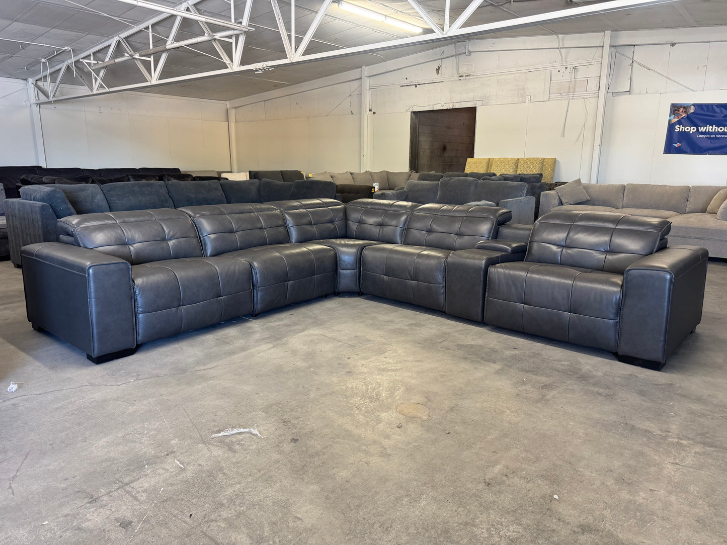 Charcoal Gray Leather 6-Piece Modular Sectional with 3 Power Recliners & Adjustable Headrests