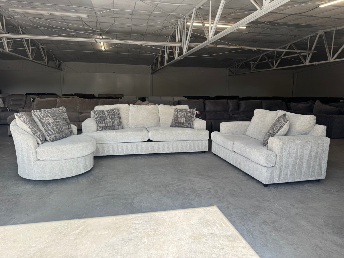 Living Room Set – Plush Beige Sleeper Sofa, Loveseat & Barrel Chair