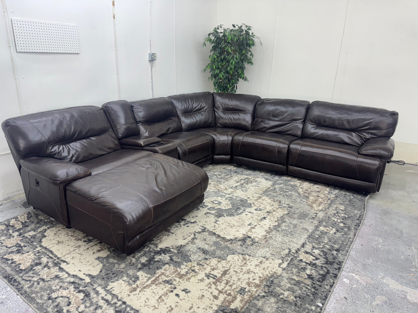 Brown 6-Piece Leather Modular Sectional Sofa w/ 2 Recliners & Reclining Chaise