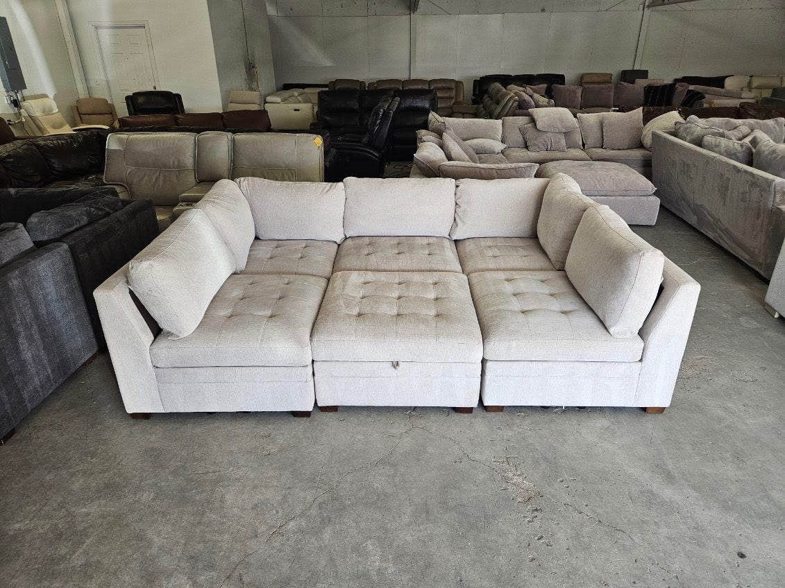 Beige 6 Piece Modular Sectional Sofa with Storage Ottoman