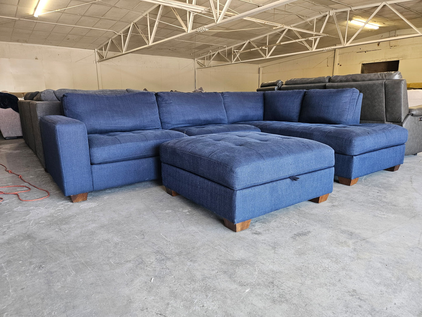 Blue L Shape Sectional with Storage Ottoman